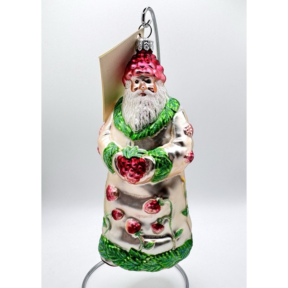 Patricia Breen Raspberry Strawberry Santa Glass Christmas Ornament 6"
